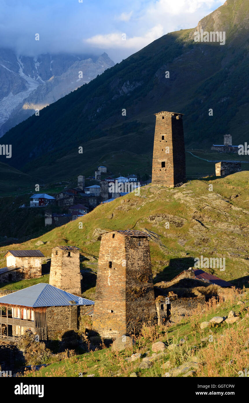 Sunset at Ushguli ,fortified medieval town in Caucasus mountains,Svaneti, Georgia, unesco heritage site Stock Photo