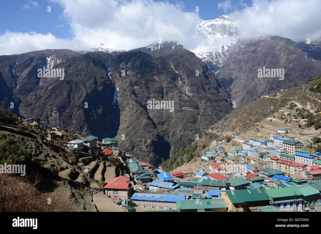 Namche Bazaar view - popular place among trekkers in the Khumbu region, especially for altitude acclimatization, and is the gate Stock Photo