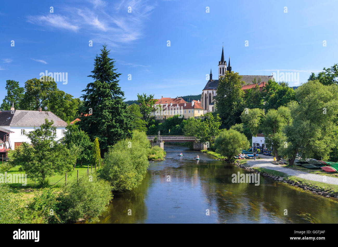 Vyssí Brod (Hohenfurth): River Vltava (Moldau), Cistercian monastery, Czech, Jihocesky, Südböhmen, South Bohemia, Stock Photo
