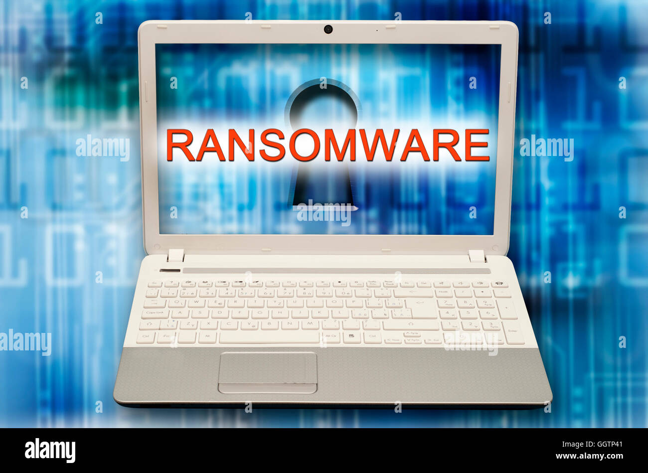 laptop monitor with ransomware word over it Stock Photo