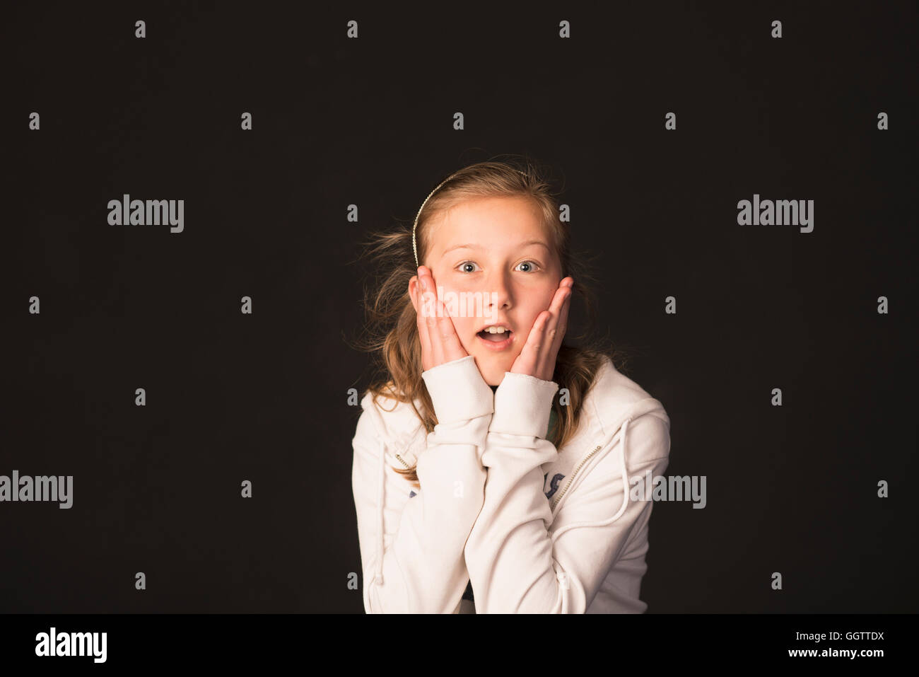 Surprised Caucasian girl with hands on face Stock Photo - Alamy