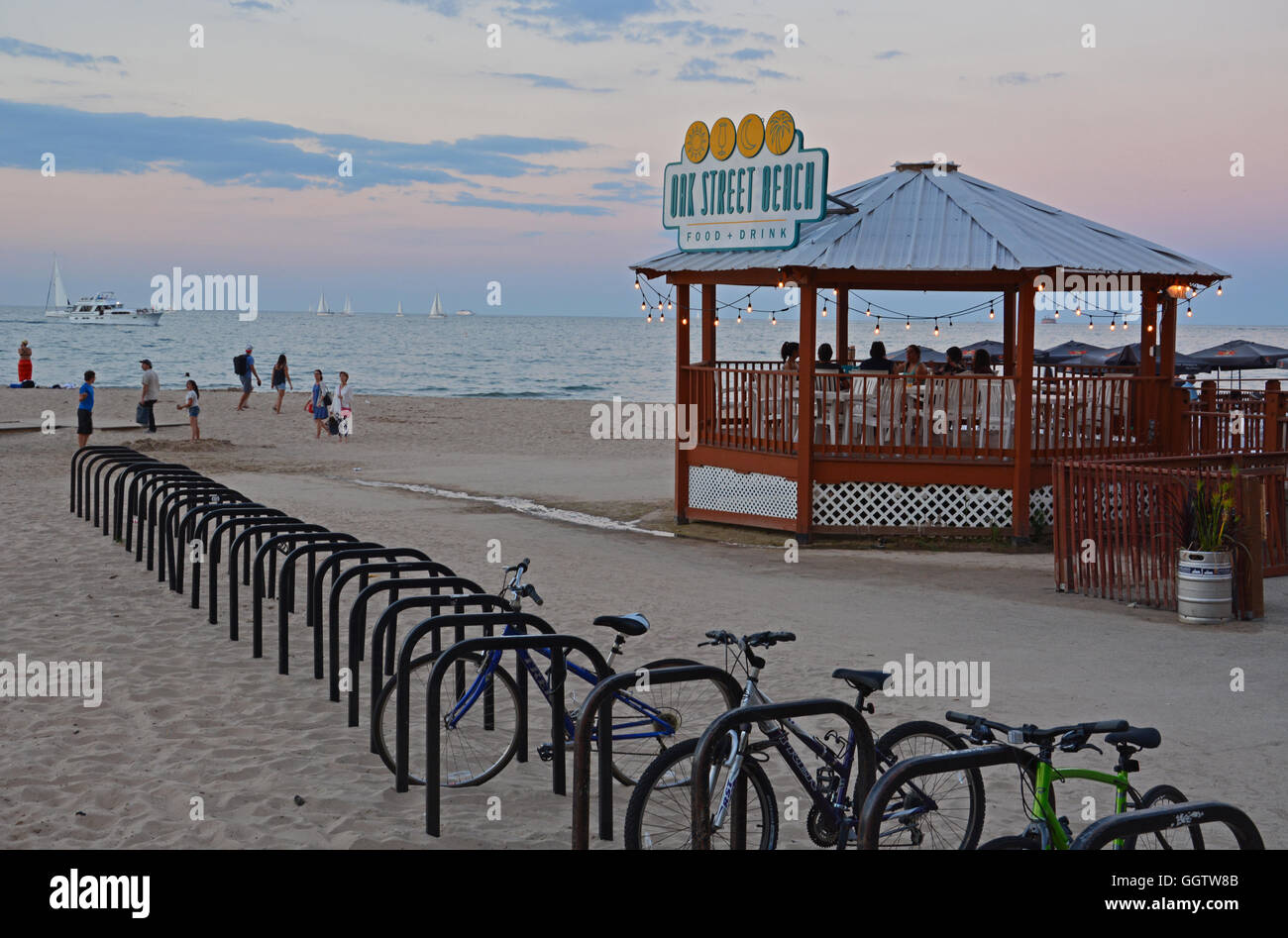 The café at Oak Street Beach in Chicago at sunset Stock Photo