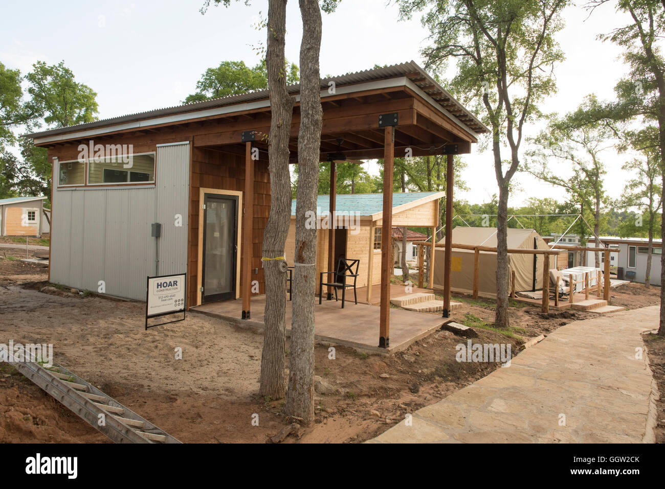 Micro-homes at master-planned neighborhood that provides shelter and community for chronically homeless adults in Austin TX Stock Photo