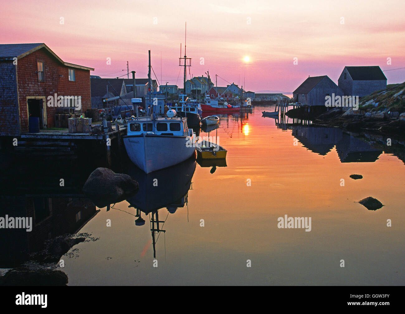 Sunset at Peggy's Cove, Nova Scotia, Canada Stock Photo