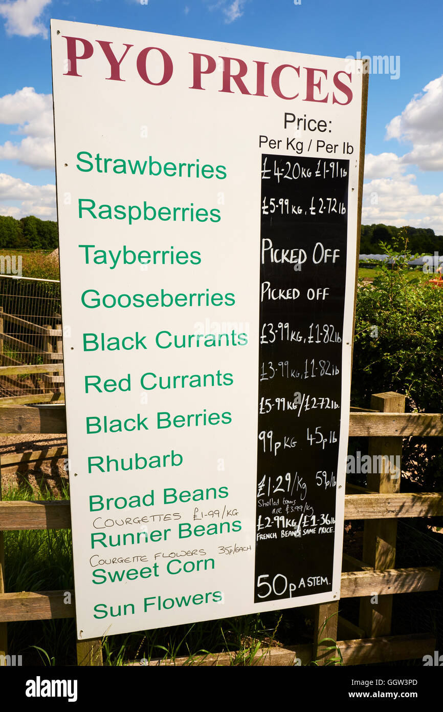 Price List At A Pick Your Own Fruit Farm In Warwickshire UK Stock Photo