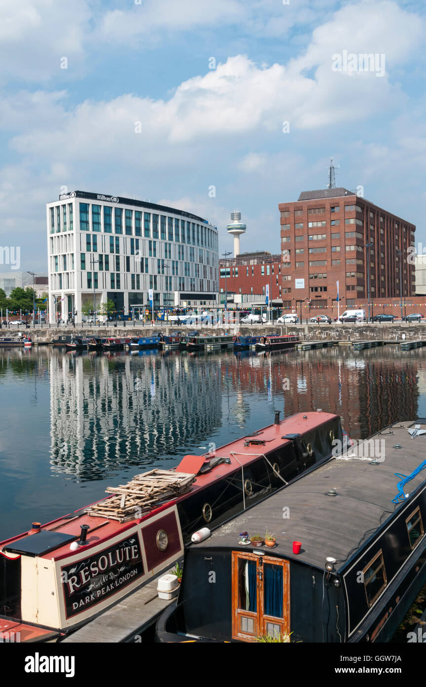 Radio City tower in Liverpool seen across Salthouse Dock.  Buildings on either side are Liverpool Hilton and Merseyside Police. Stock Photo