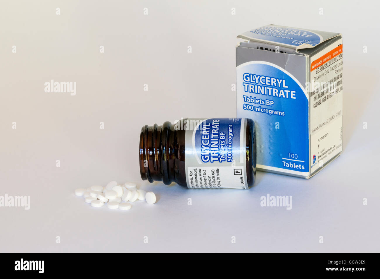 Glyceryl Trinitrate pills used in the treatment of the symptoms of heart disease such as Angina. Stock Photo
