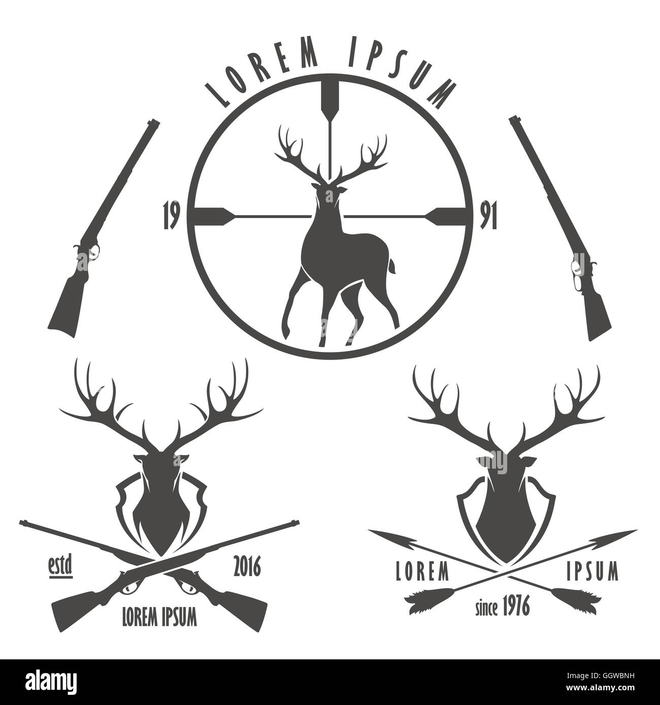 Set of deer hunting emblems. Silhouette and head of deer, target, crossed guns and arrows. Stock Vector