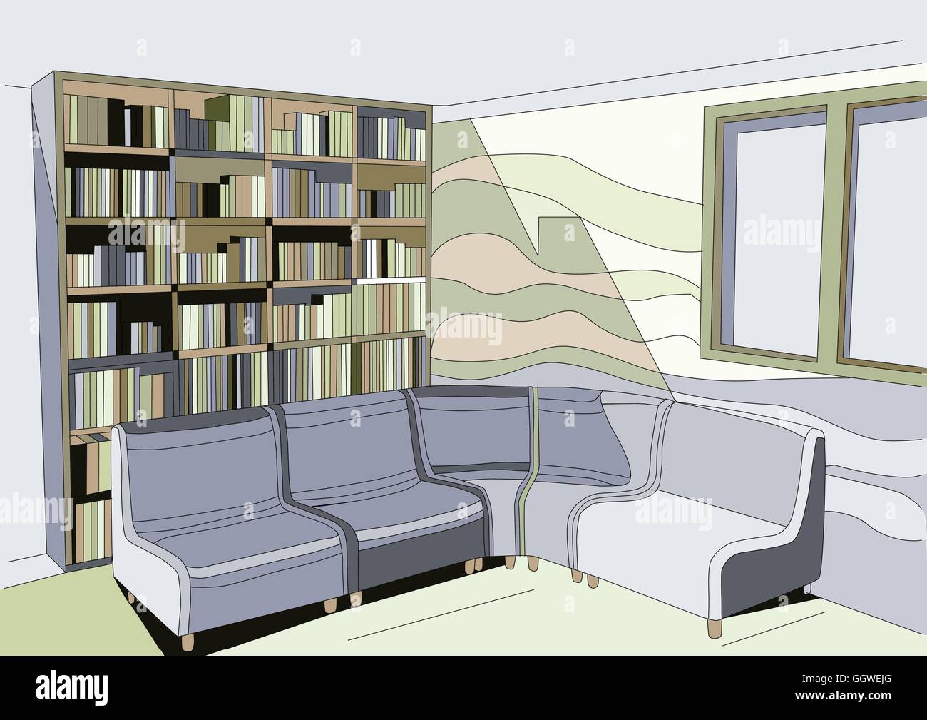 interior with sofa and bookcase Stock Vector Image & Art - Alamy
