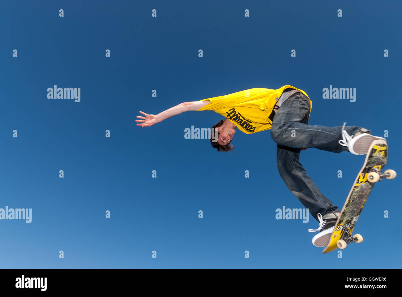A skateboarder performing some tricks at Hove Lagoon Skatepark Stock Photo
