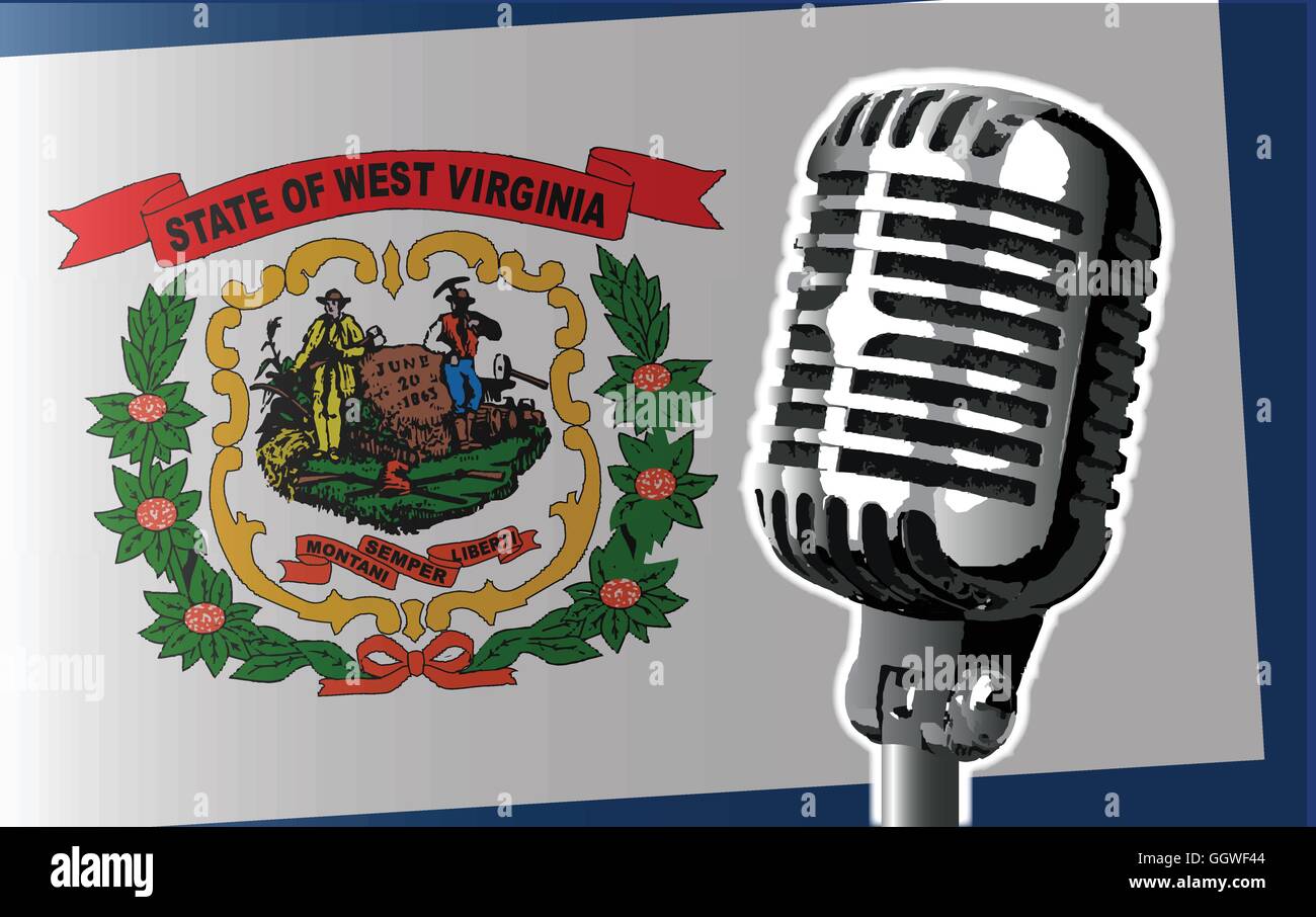 The state of West Virginia flag with a traditional style microphone Stock Vector