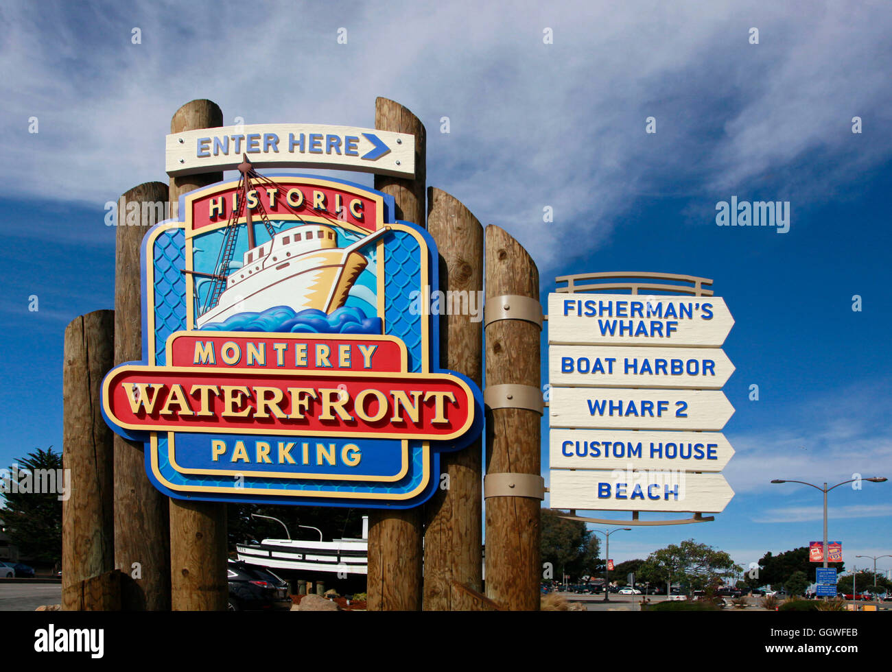 Entry sign to FISHERMAN'S WHARF - MONTEREY, CALIFORNIA Stock Photo