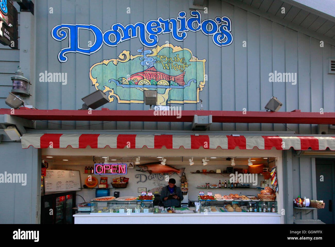 DOMENICOS seafood restaurant on FISHERMANS WHARF - MONTEREY, CALIFORNIA Stock Photo
