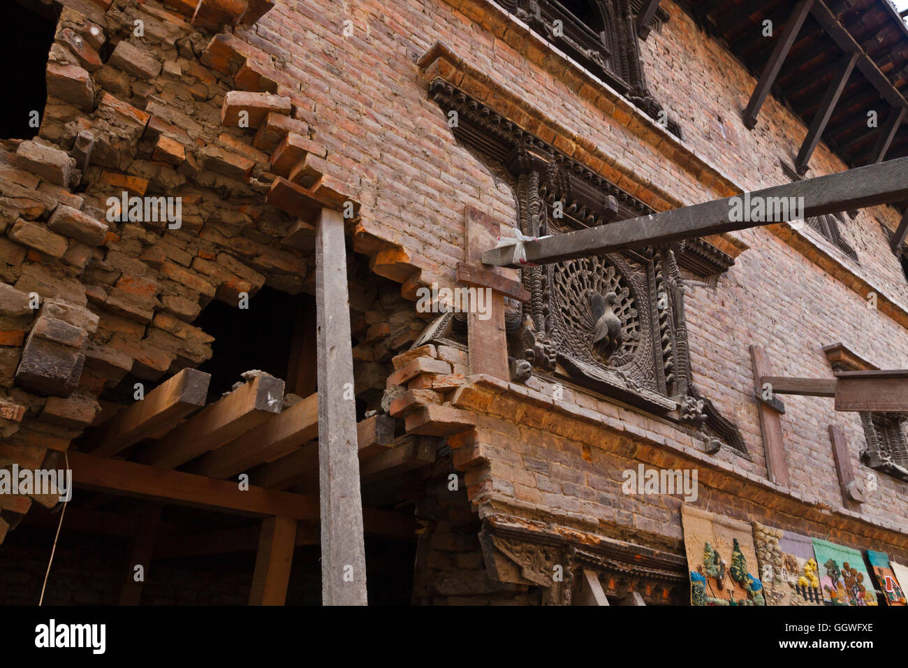 The traditional town of BHAKTAPUR which was severely damaged by the 2015 earthquake including the famous PEACOCK WINDOW - NEPAL Stock Photo