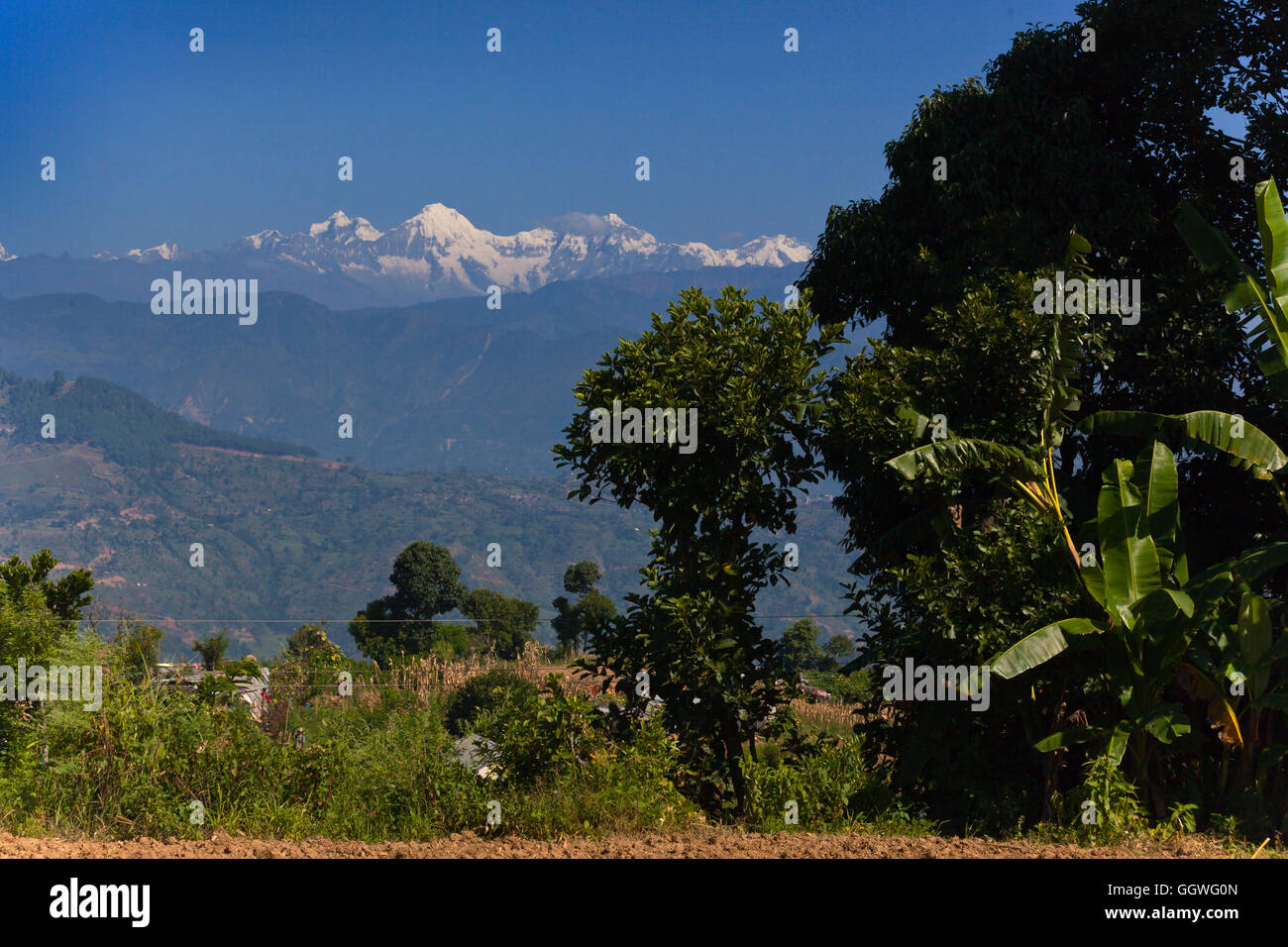 HIMALAYAN VIEW from GOGANPANI VILLAGE - NEPAL Stock Photo