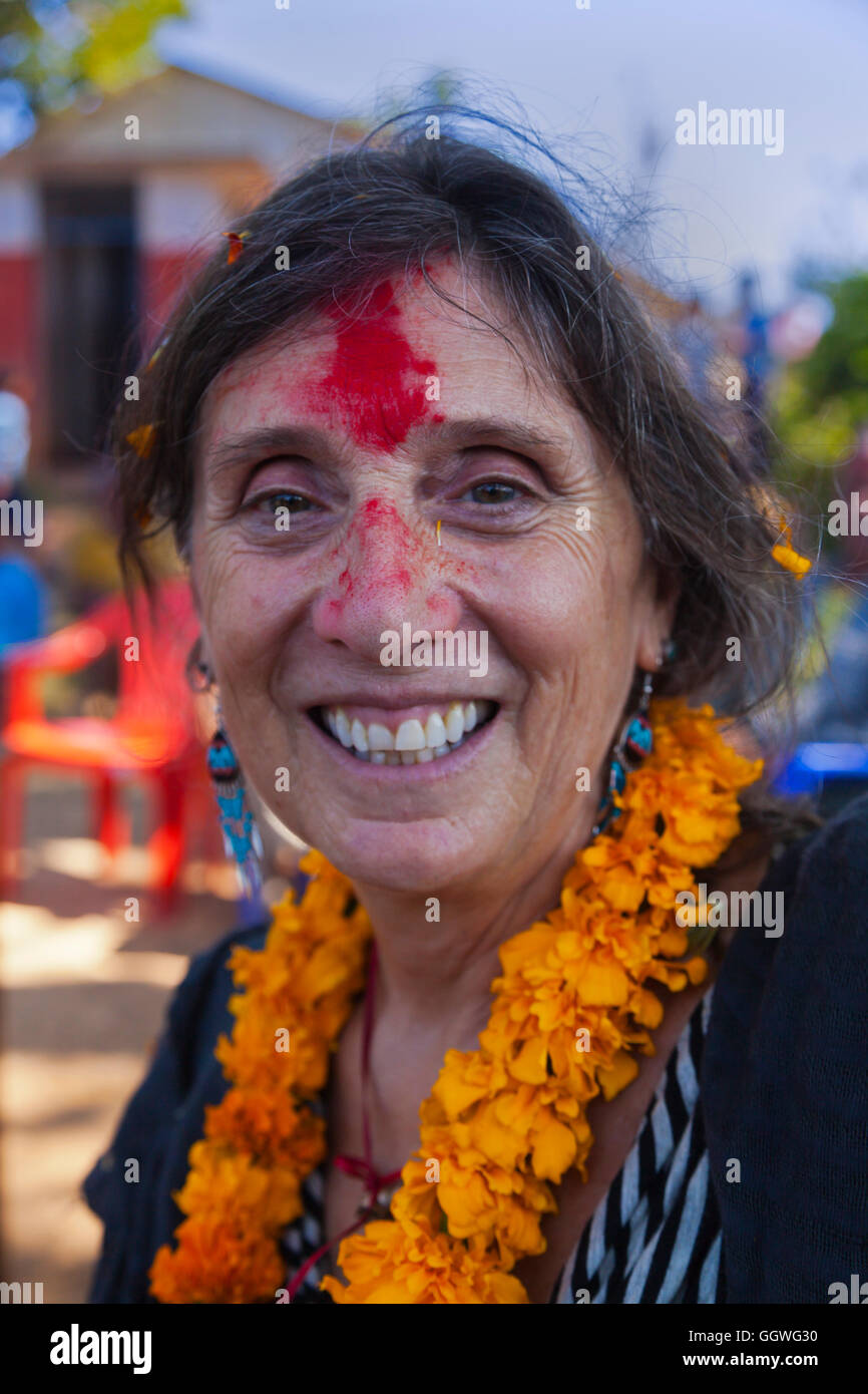 Christine Kolisch a founding member of WeHelpNepal.org is fetted in GOGANPANI VILLAGE - NEPAL Stock Photo