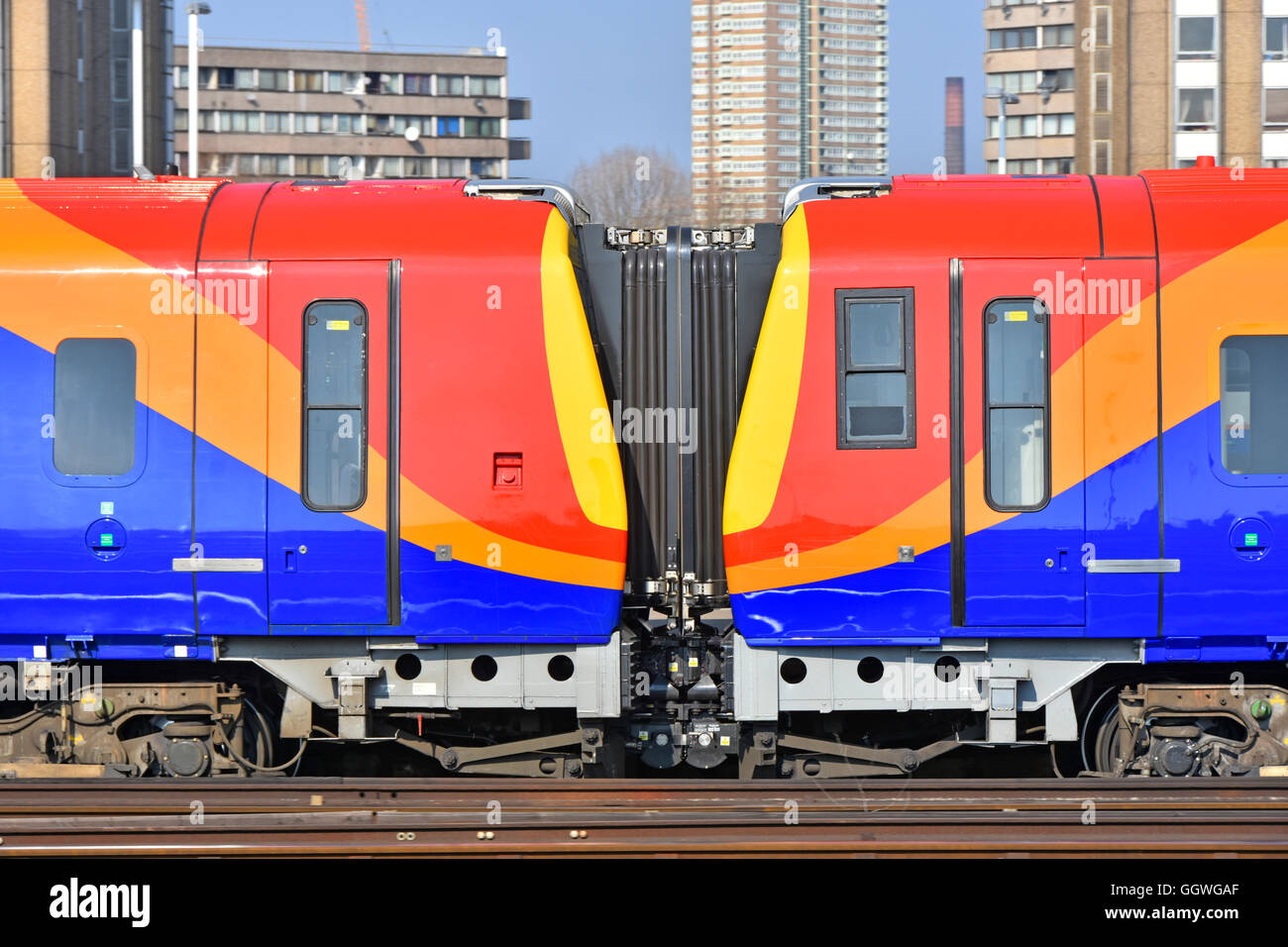 South West Trains carriages flexible corridor connection as a colourful shapes pattern picture and 'flexible' concept image London England UK Stock Photo
