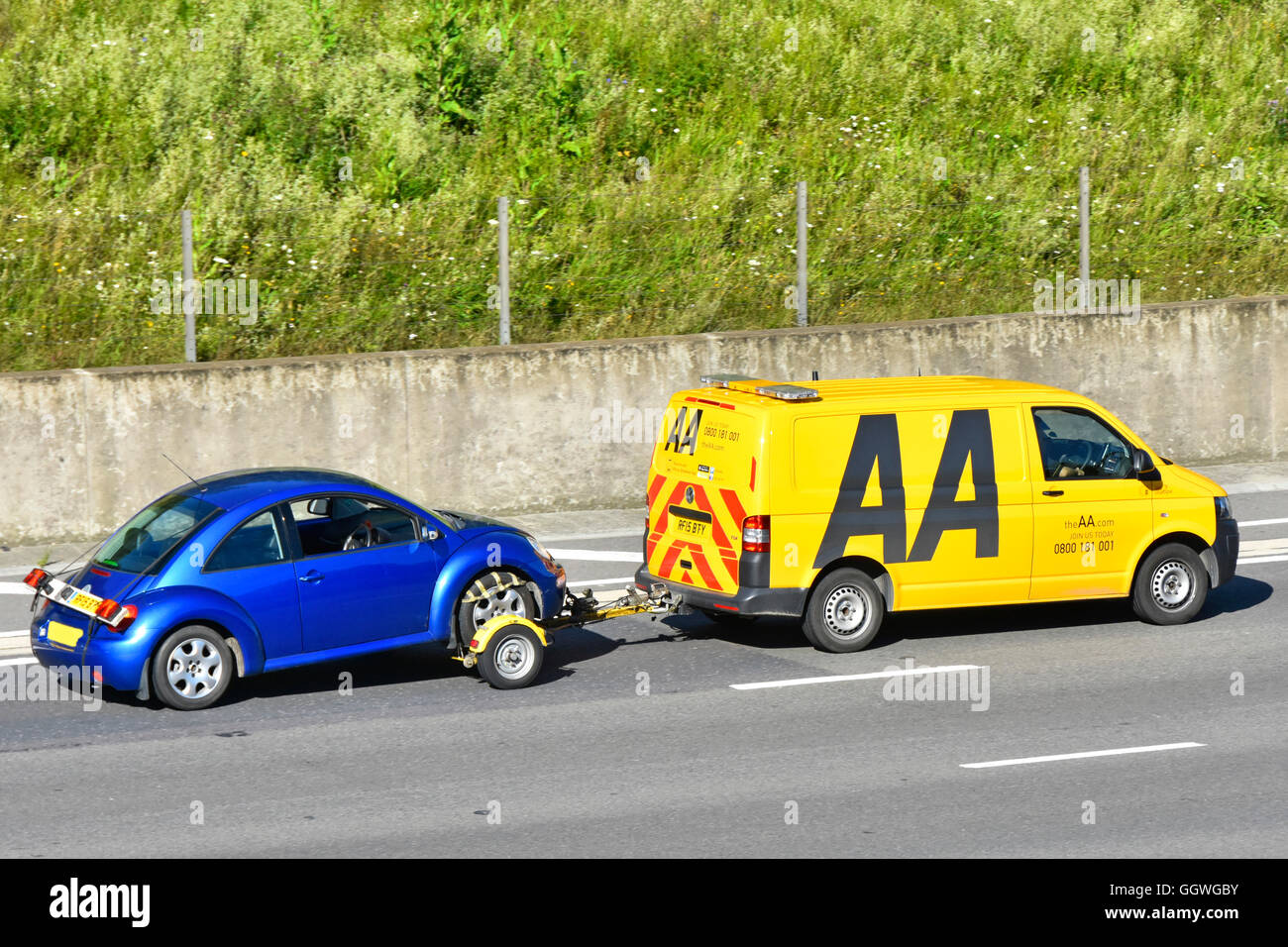 Side & back view logo on yellow AA breakdown business van & driver towing a blue Volkswagen VW Beetle car driving along M25 motorway Essex England UK Stock Photo