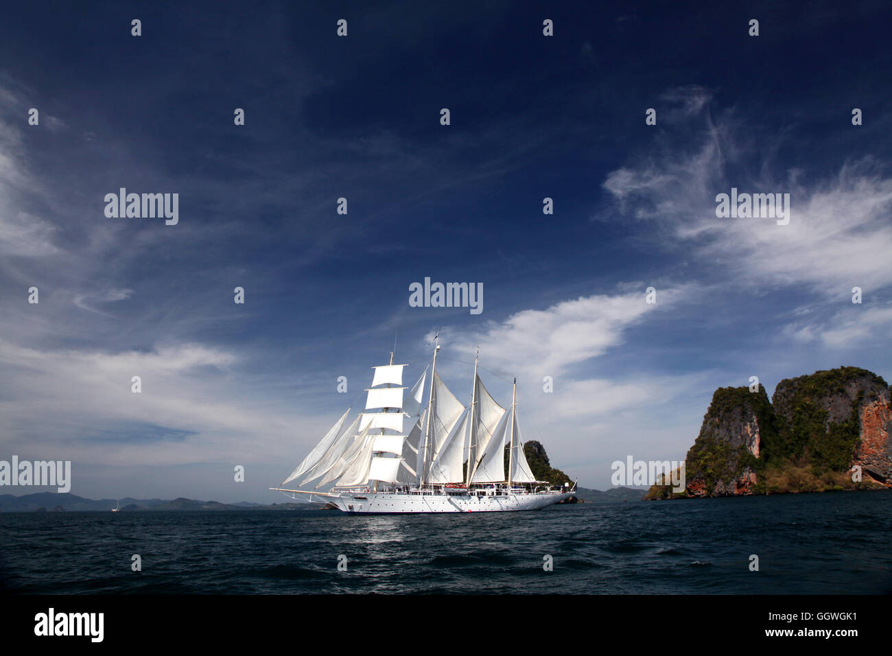 A clipper ship under full sail in the Andaman sea, Thailand Stock Photo