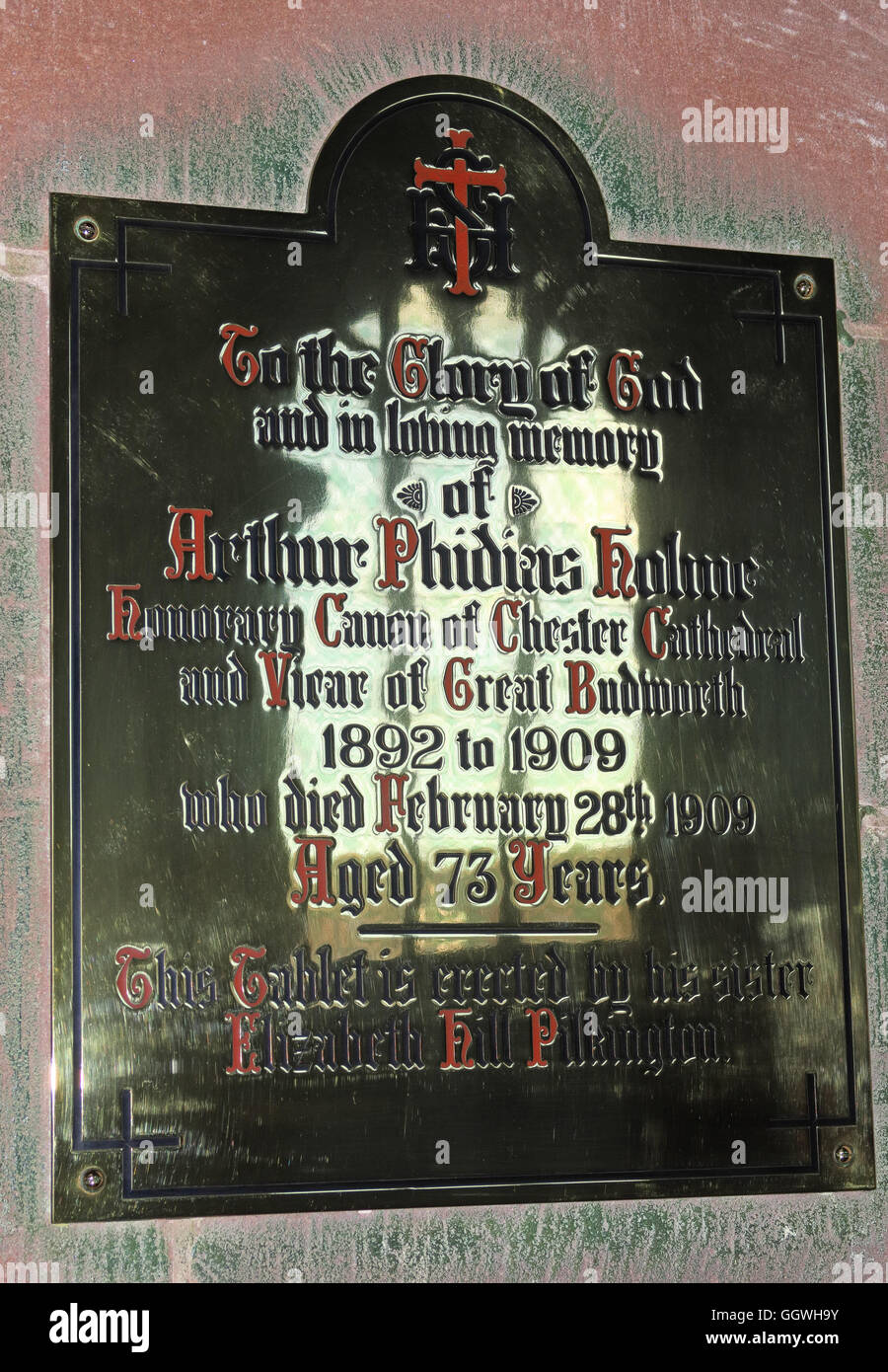 St Marys & All Saints Church Gt Budworth Interior, Cheshire, England,UK - Brass plaque tablet Stock Photo