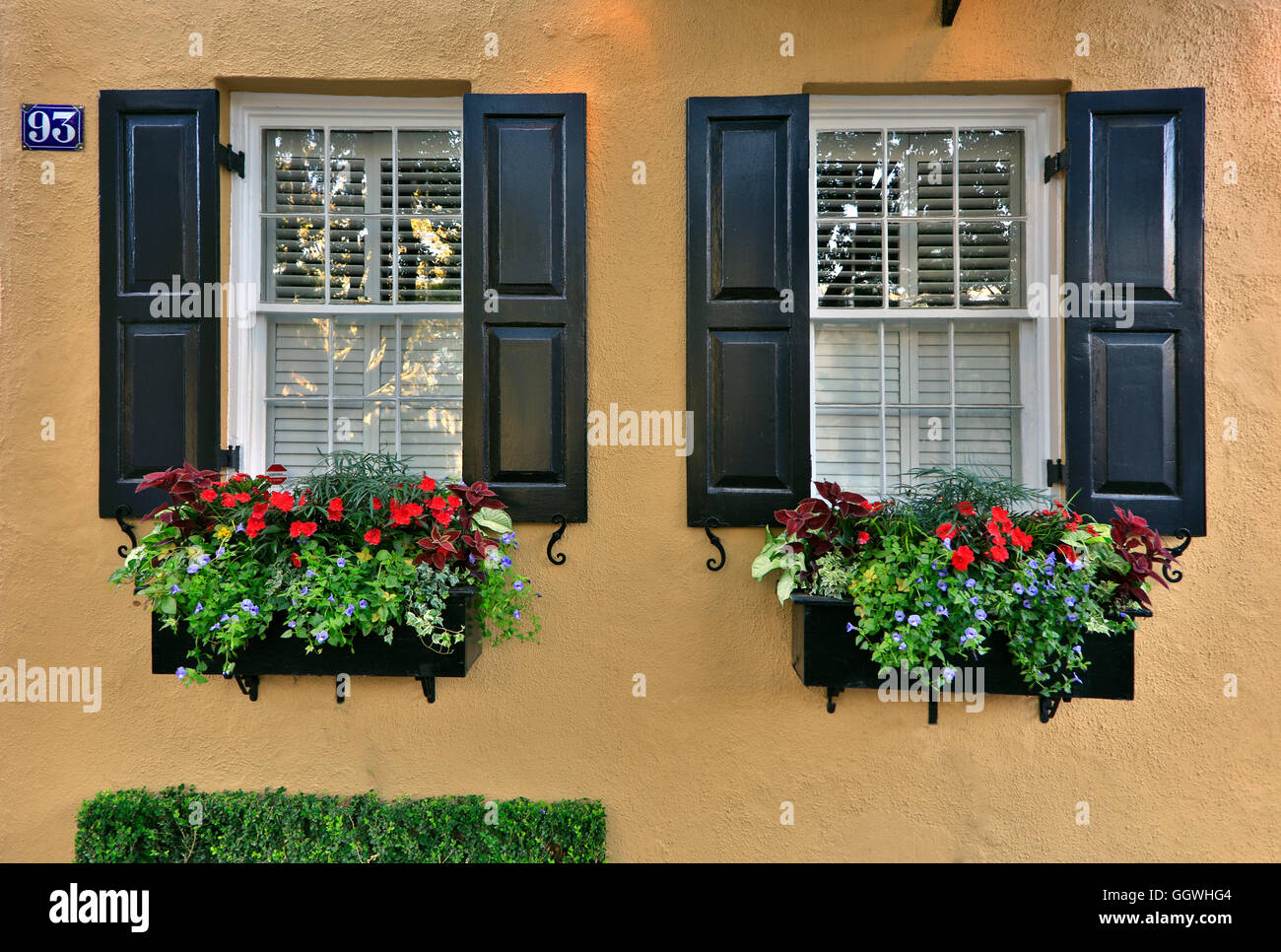Flower boxes are part of the design of the Southern mansion - CHARLESTON, SOUTH CAROLINA Stock Photo