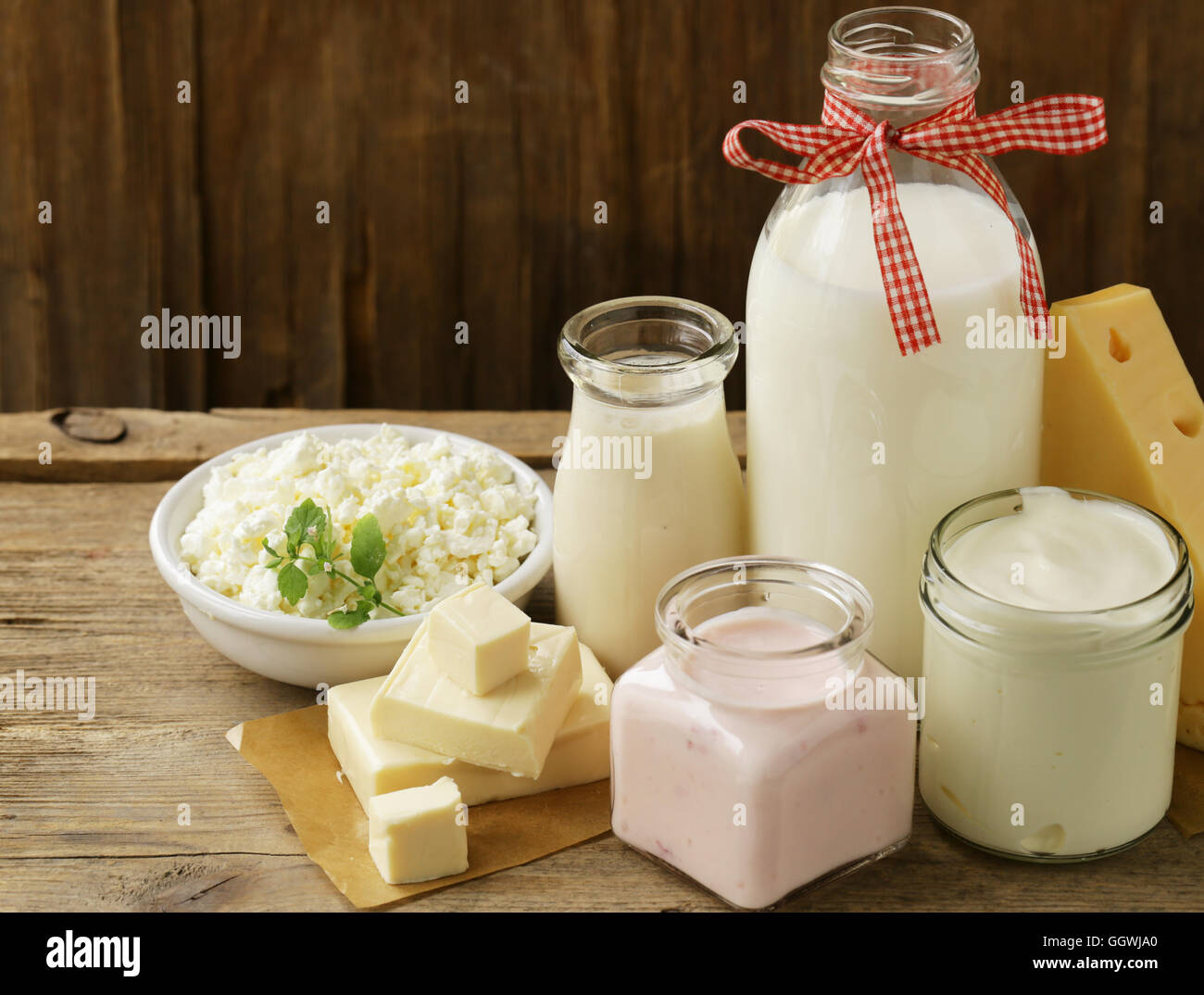 organic dairy products milk, sour cream, cottage cheese, yogurt Stock