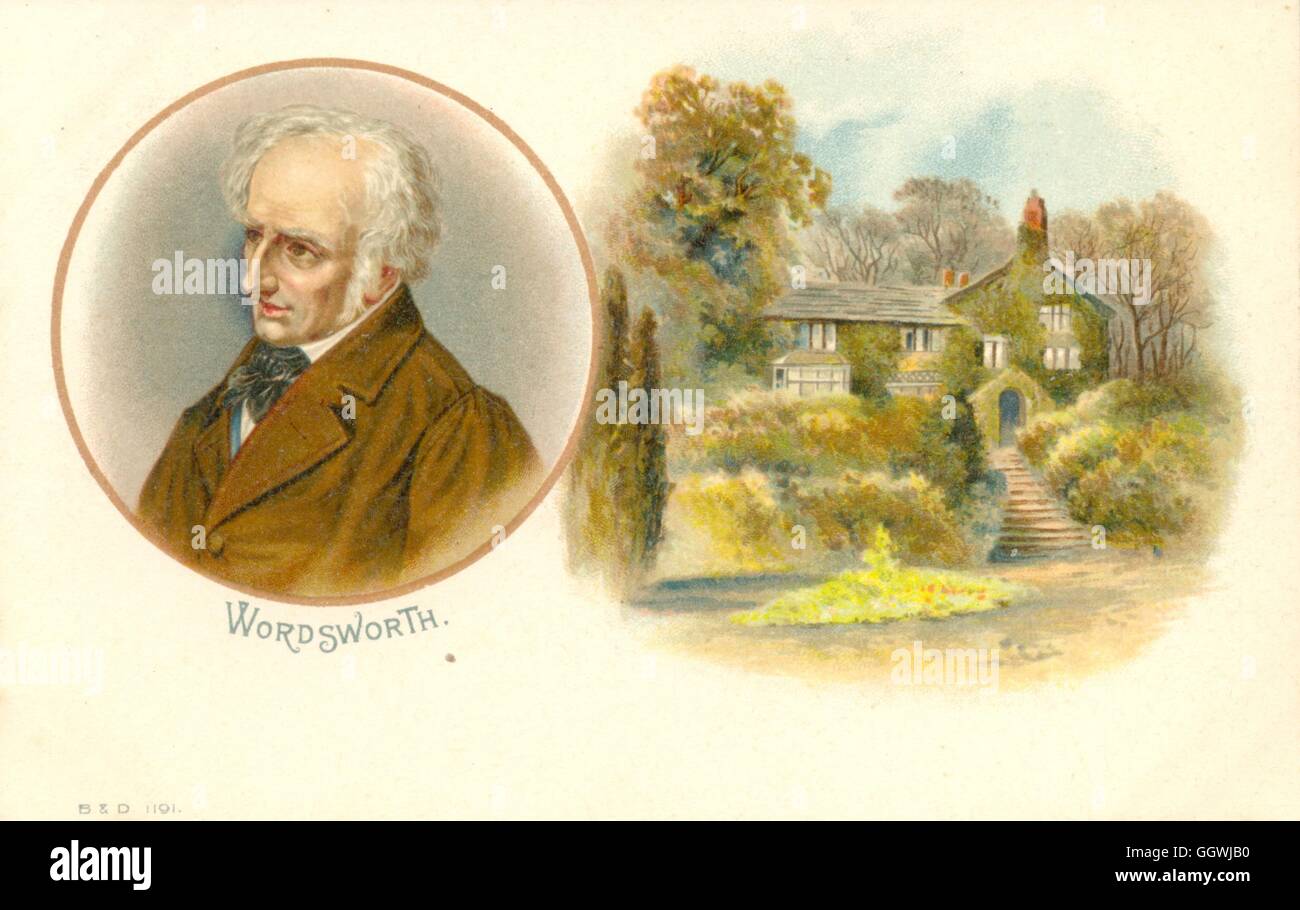 postcard  of 1903 of William Wordsworth 1770-1850 and his home Rydal Mount, near Ambleside, Cumbria Stock Photo