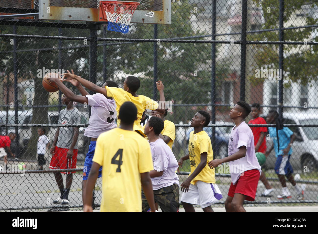 New York City, United States. 06th Aug, 2016. E4F, Equality for Flatbush staged its annual Hoops For Justice, an annual basketball tournament held in East Flatbush to honor the memories of Shantel Davis & Kimani Gray, two young people alleged to have been victims of lethal force by the NYPD. © Andy Katz/Pacific Press/Alamy Live News Stock Photo