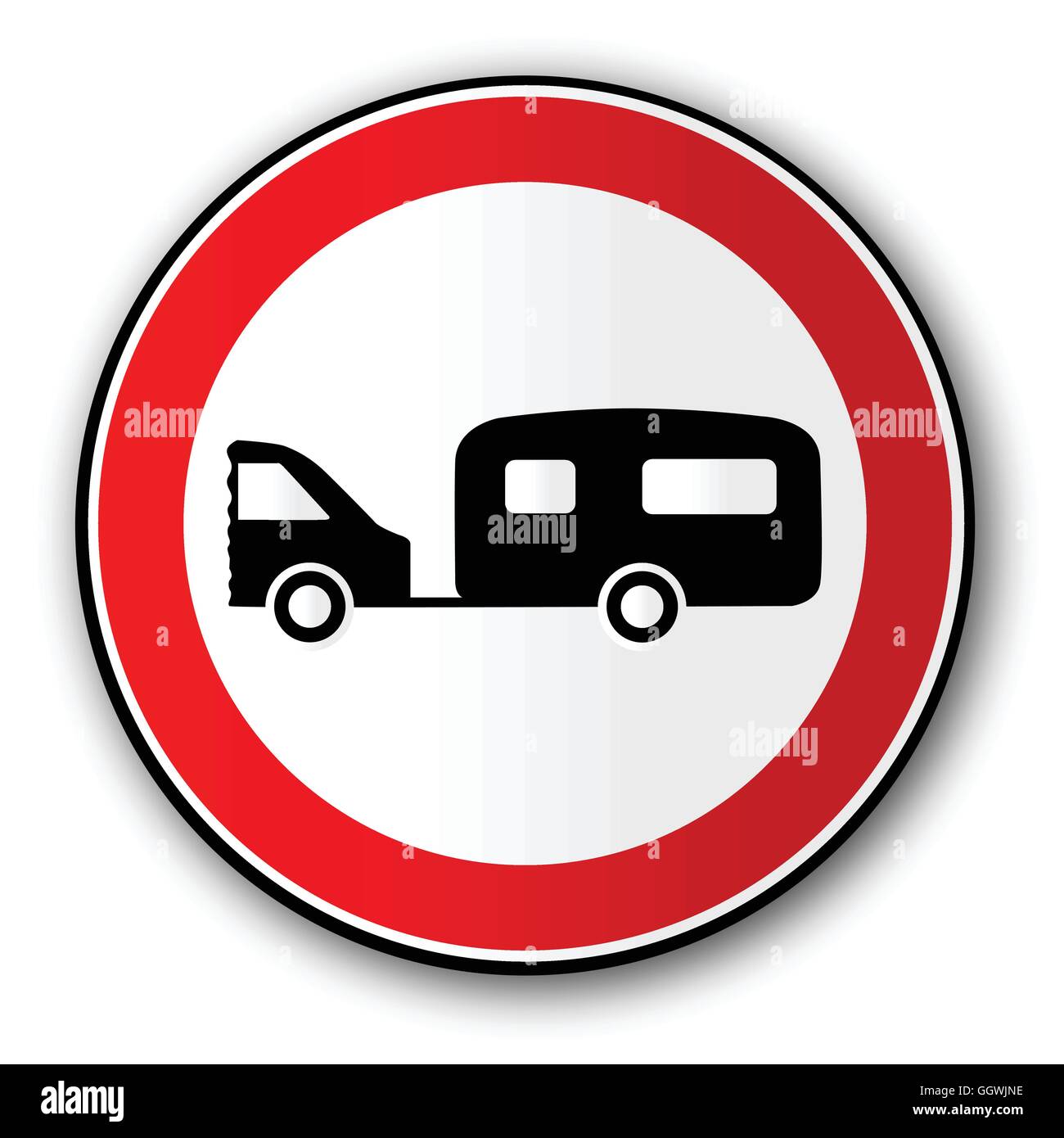A large round red traffic displaying a car and caravan Stock Vector