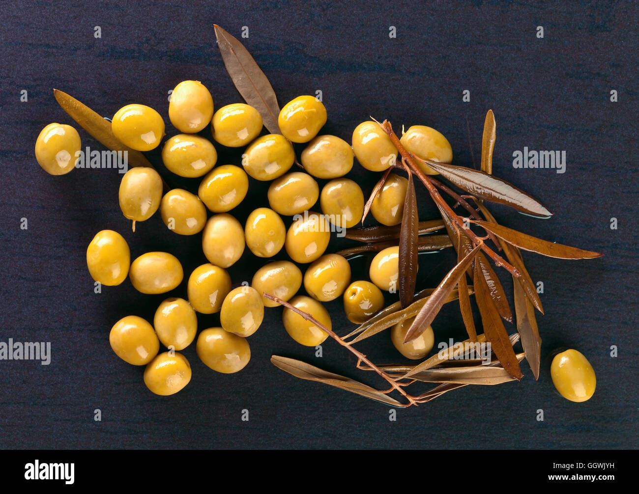 canned green olives on a black background Stock Photo Alamy