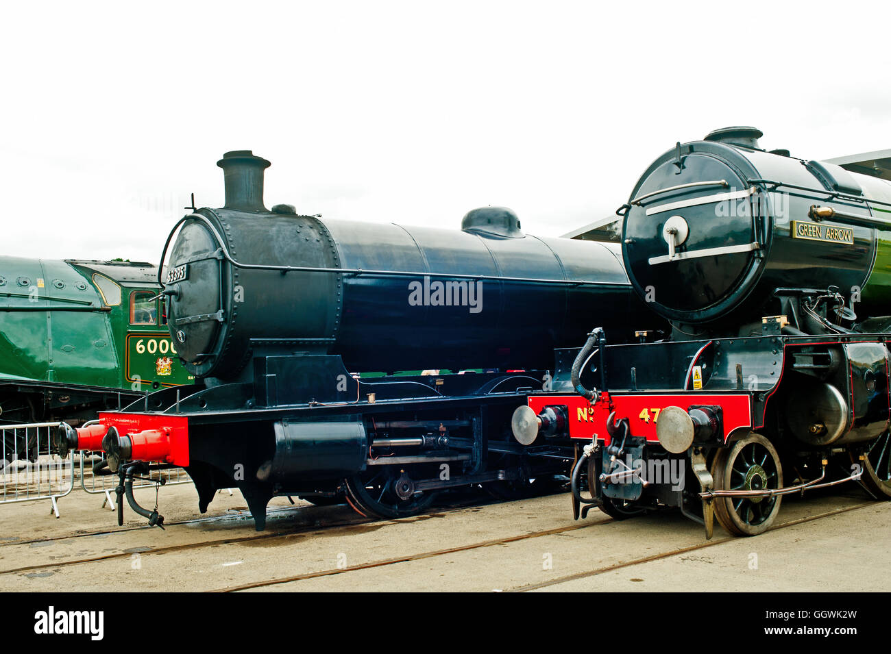 Q6 No 63395 and V2 class No 4771 Green Arrow at Locomotion Railway Museum, Shildon, Stock Photo