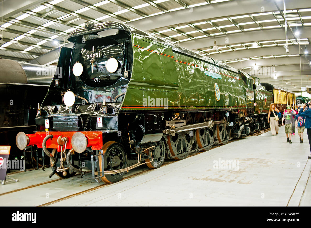 Battle of Britain Class locomotive No 34051 Winston Churchill with Churchils Funeral Coach, Locomotion Railway Museum, Shildon Stock Photo