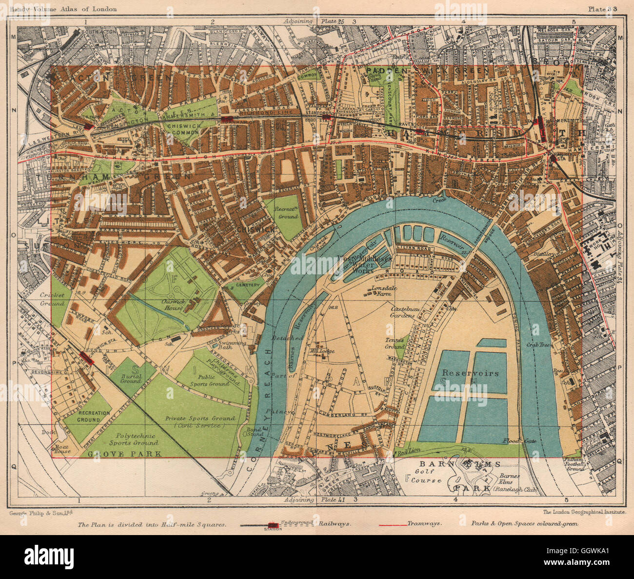 W LONDON. Hammersmith Acton Green Turnham Green Chiswick Barnes, 1932 old map Stock Photo