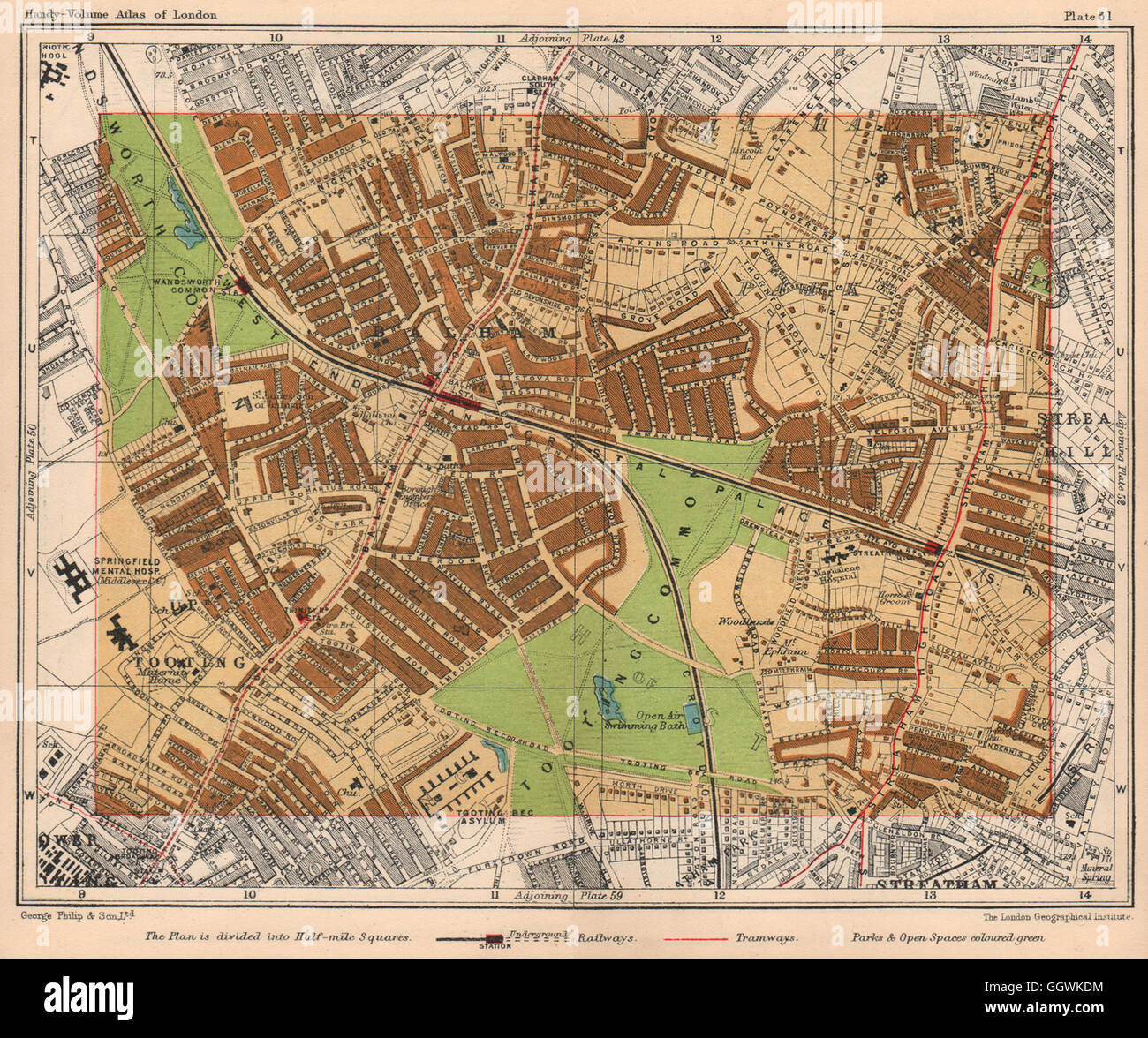 SW LONDON Balham Wandsworth Common Tooting Streatham Hill Brixton Hill, 1932 map Stock Photo