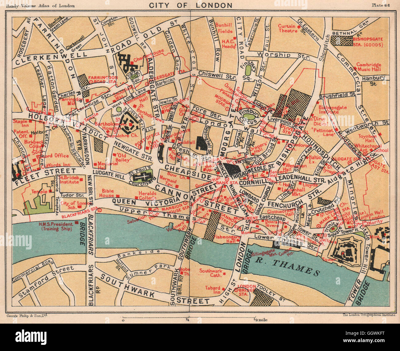 CITY OF LONDON. Public buildings Livery companies Exchanges Embassies, 1932 map Stock Photo