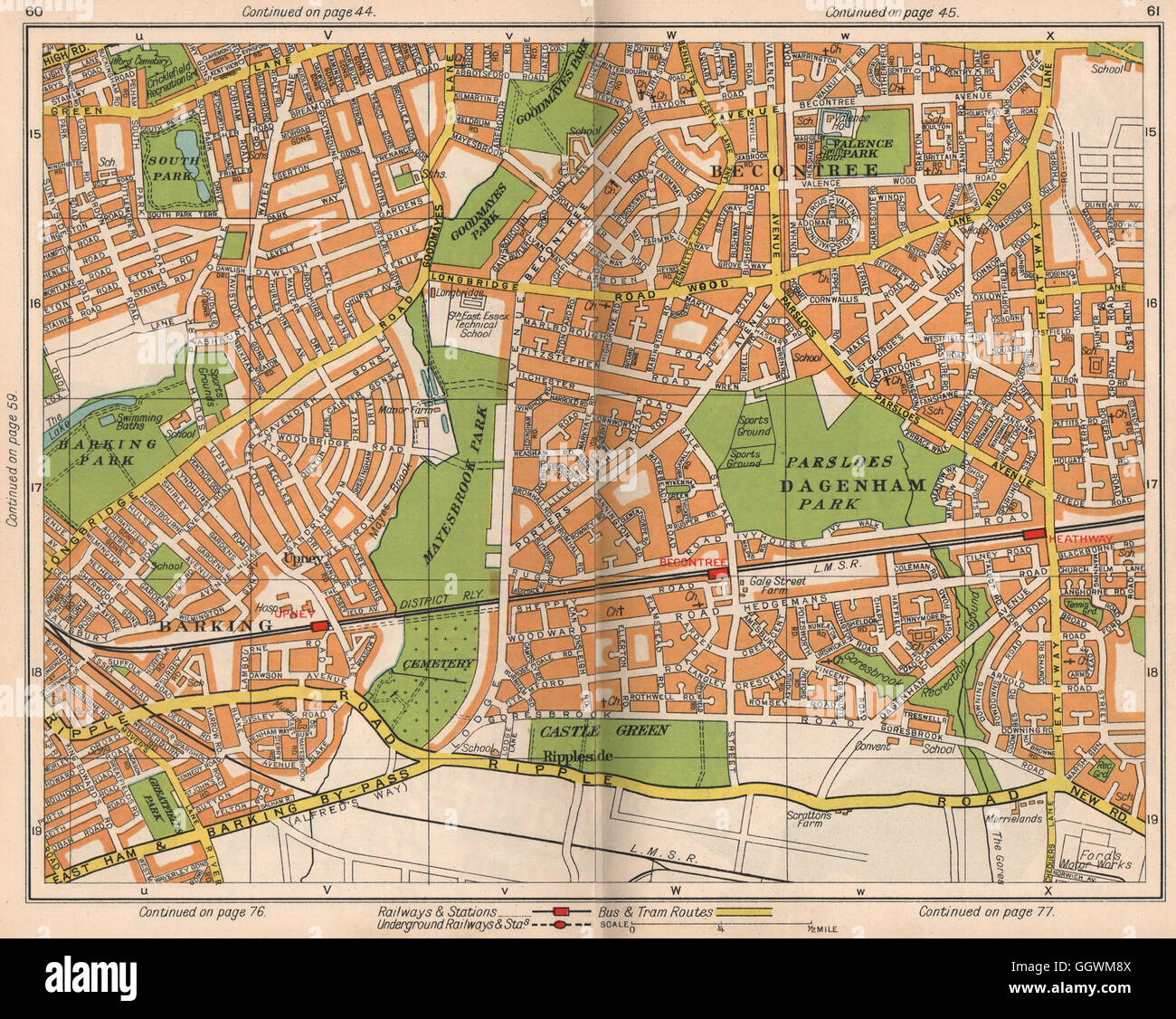 E LONDON. Becontree Dagenham Barking Rippleside Upney Goodmayes Park, 1938 map Stock Photo