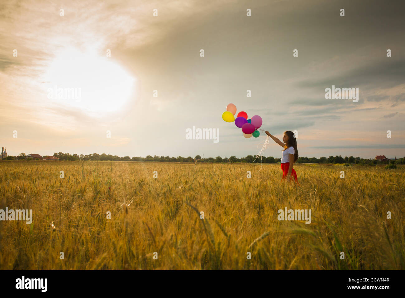 Girl with balloons in wheat field Stock Photo - Alamy