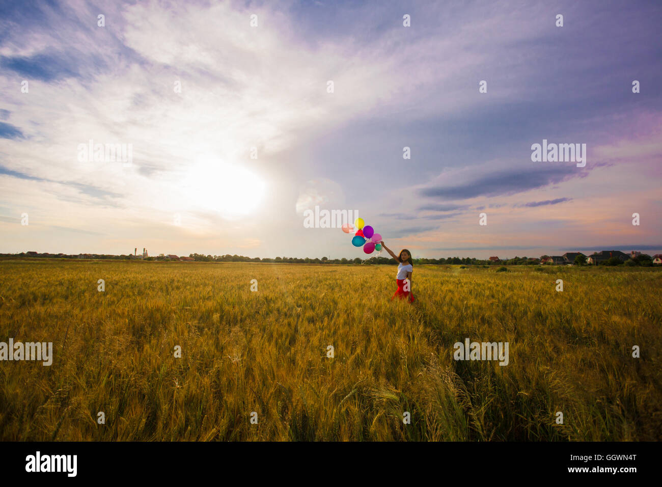 Girl with balloons in wheat field Stock Photo - Alamy