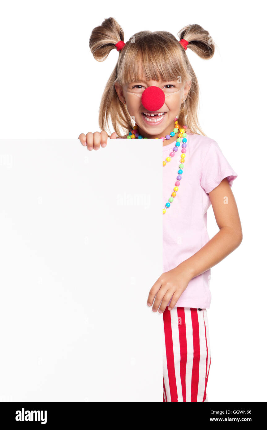 Girl with clown nose and blank Stock Photo