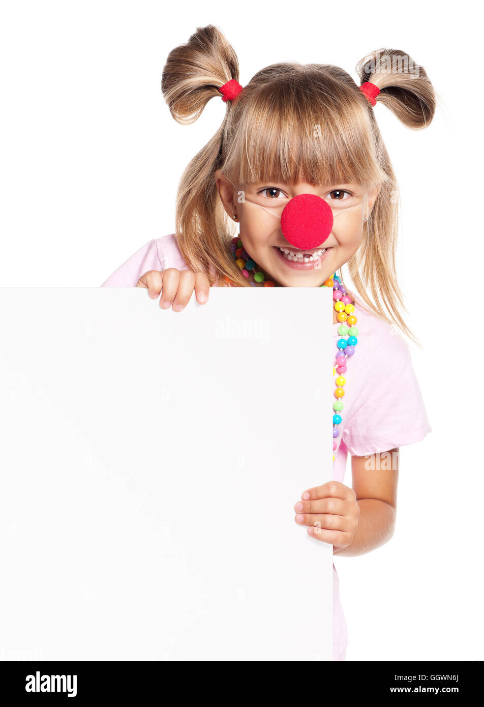 Girl with clown nose and blank Stock Photo