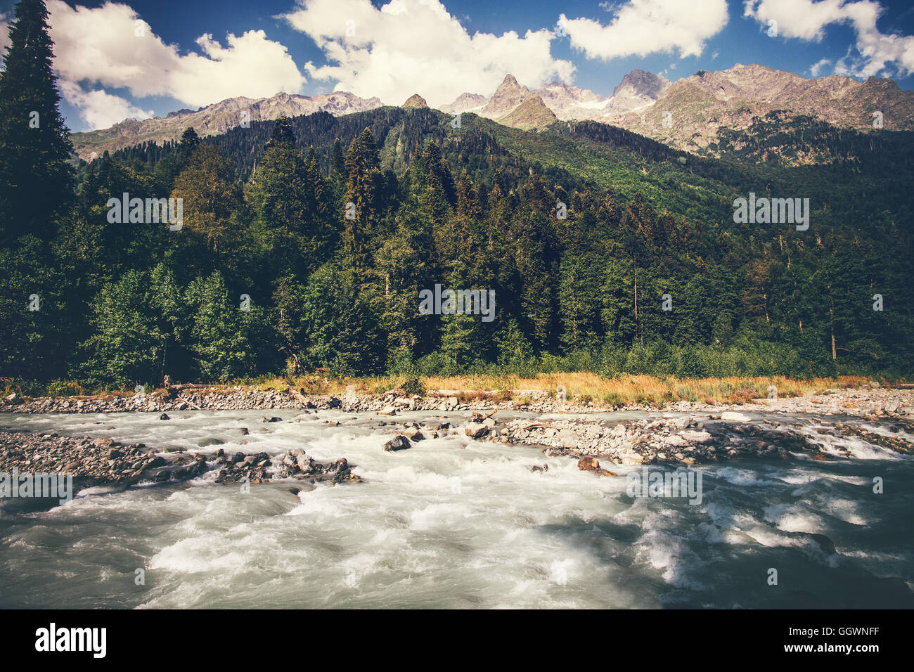 Mountains River and forest Landscape with blue sky clouds beautiful ...