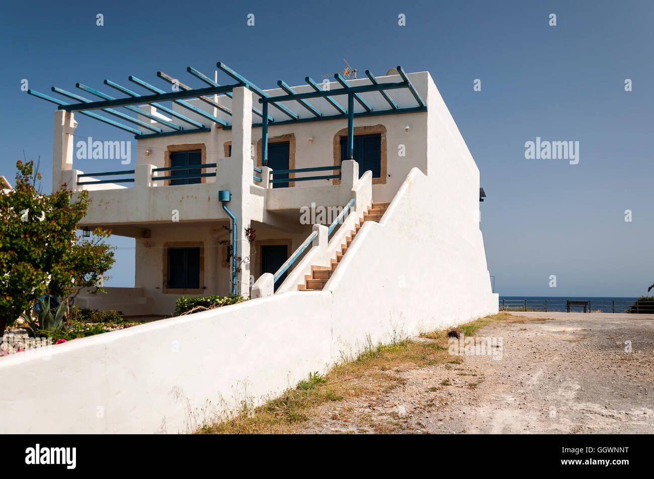 A typical Greek style house near to the town of Makrigialos on Crete. Stock Photo