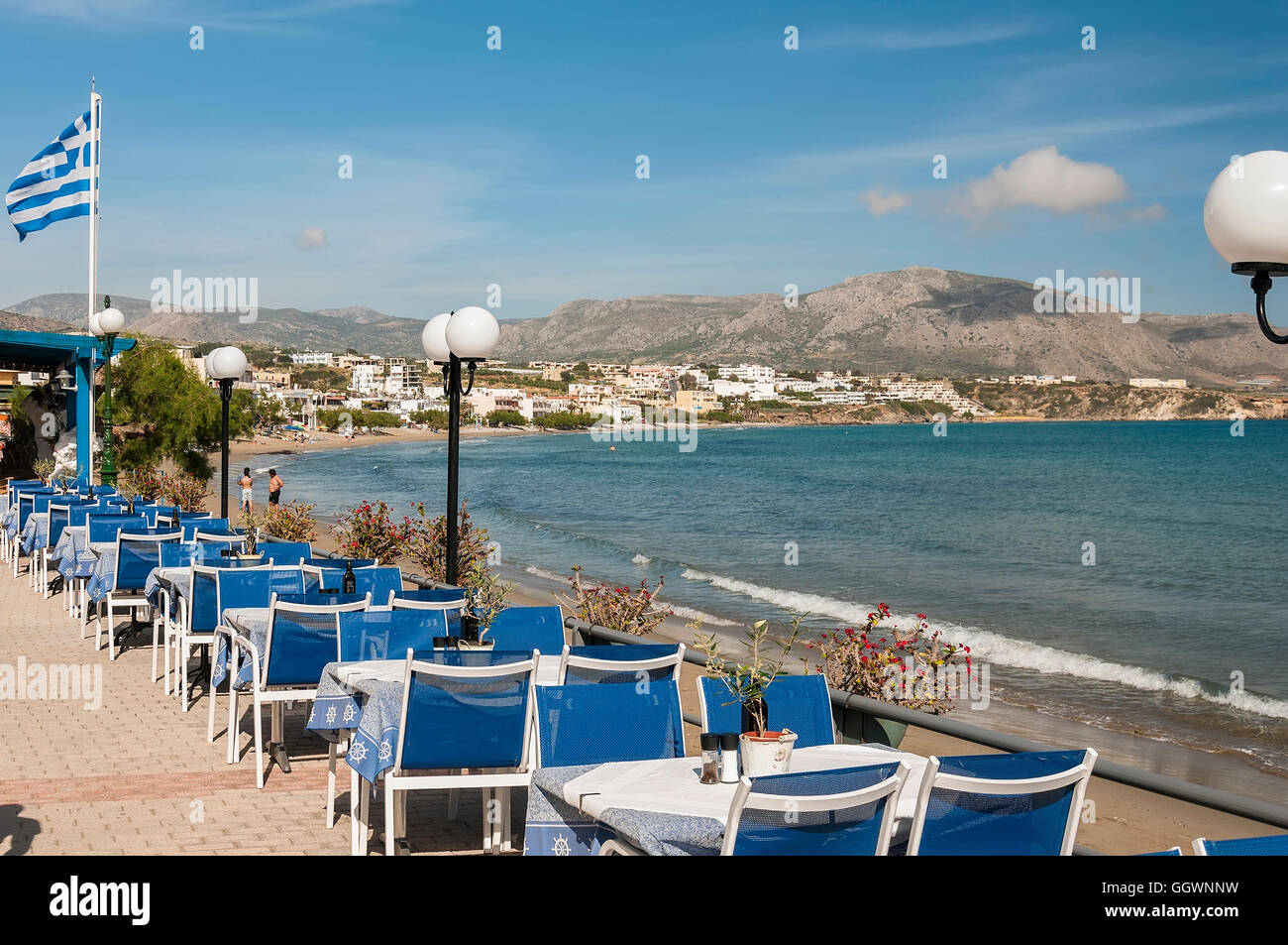 A view of one of the prominade at Makrygialos on the Greek island of Crete. Stock Photo