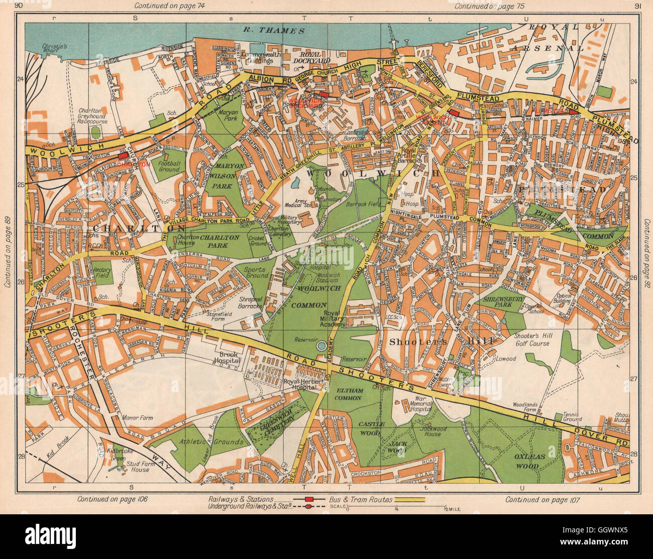 SE LONDON Charlton Woolwich Plumstead Charlton Shooters Hill Kidbrooke, 1938 map Stock Photo