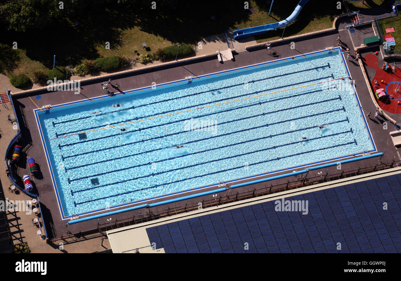 aerial view of Banbury swimming pool lido, Oxfordshire, UK Stock Photo