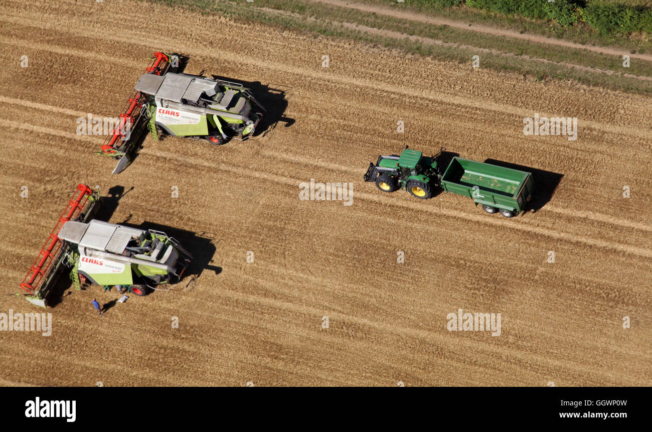 aerial view of 2 combine harvesters and a tractor with trailer, England, UK Stock Photo