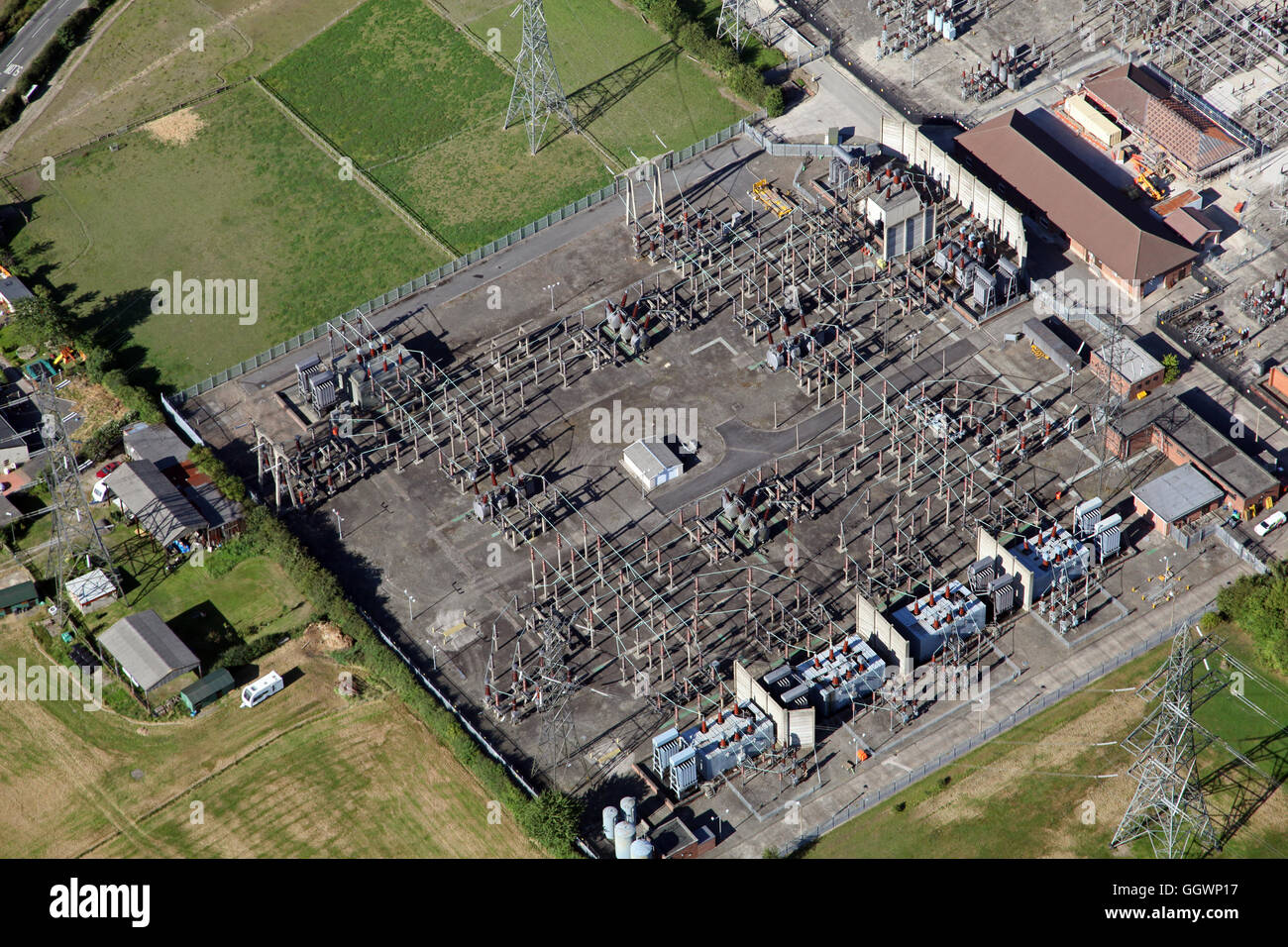 aerial view of an electricity sub station, UK Stock Photo