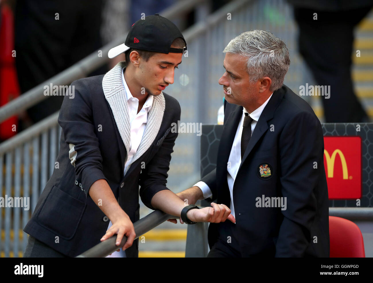 Manchester United manager Jose Mourinho (right) chats with his son Jose Junior after the Community Shield match at Wembley Stadium, London. Stock Photo