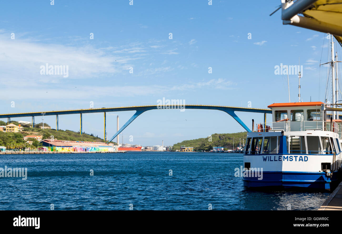 Blue and white ferry in Willemstad, Curacao Stock Photo