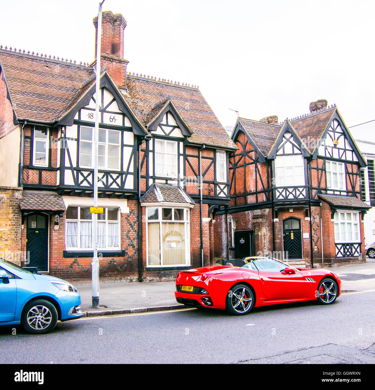 Historic half-timbered homes on High Street, the main commercial thoroughfare in the city center of Berkhamsted. Stock Photo